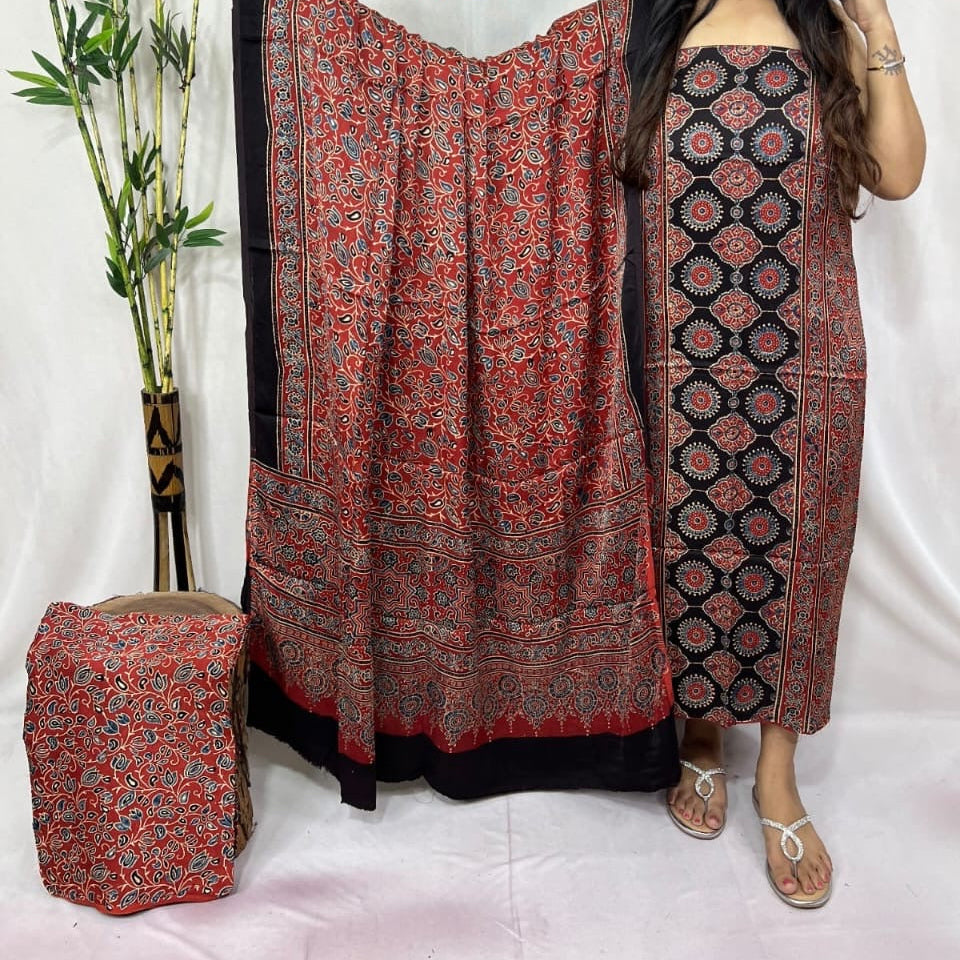 Pure modal silk hand block Ajrakh 3 suit material - Red with different hand block prints