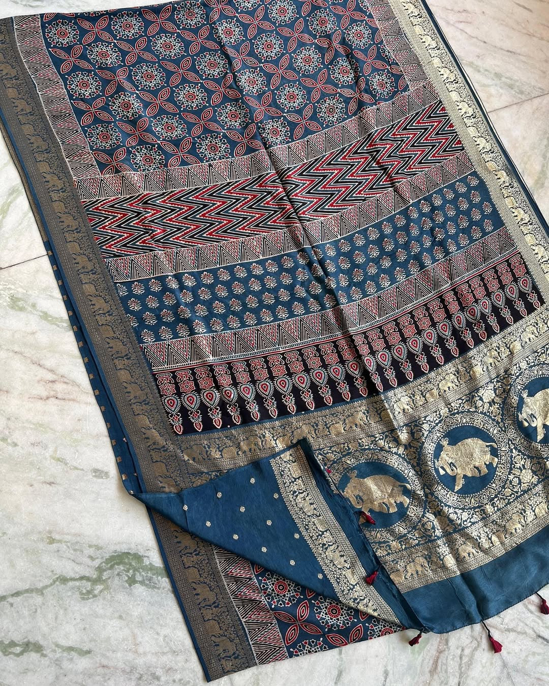 Dola Silk Ajrakh Saree With Natural Dyes and with Stitched Mirror Work Maroon, Red, black, indigo