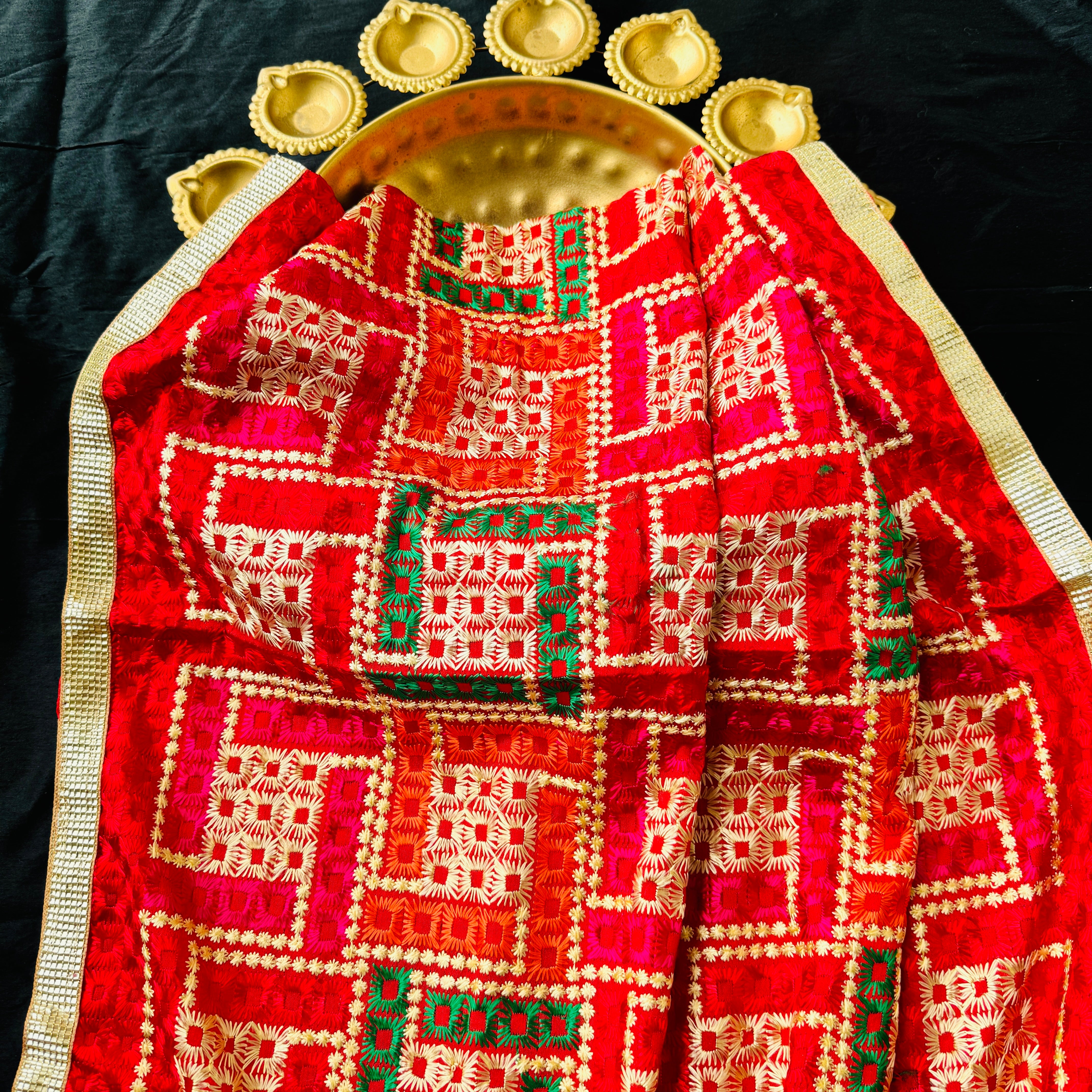 Phulkari Machine-Embroidered Chinnon Dupatta - Red