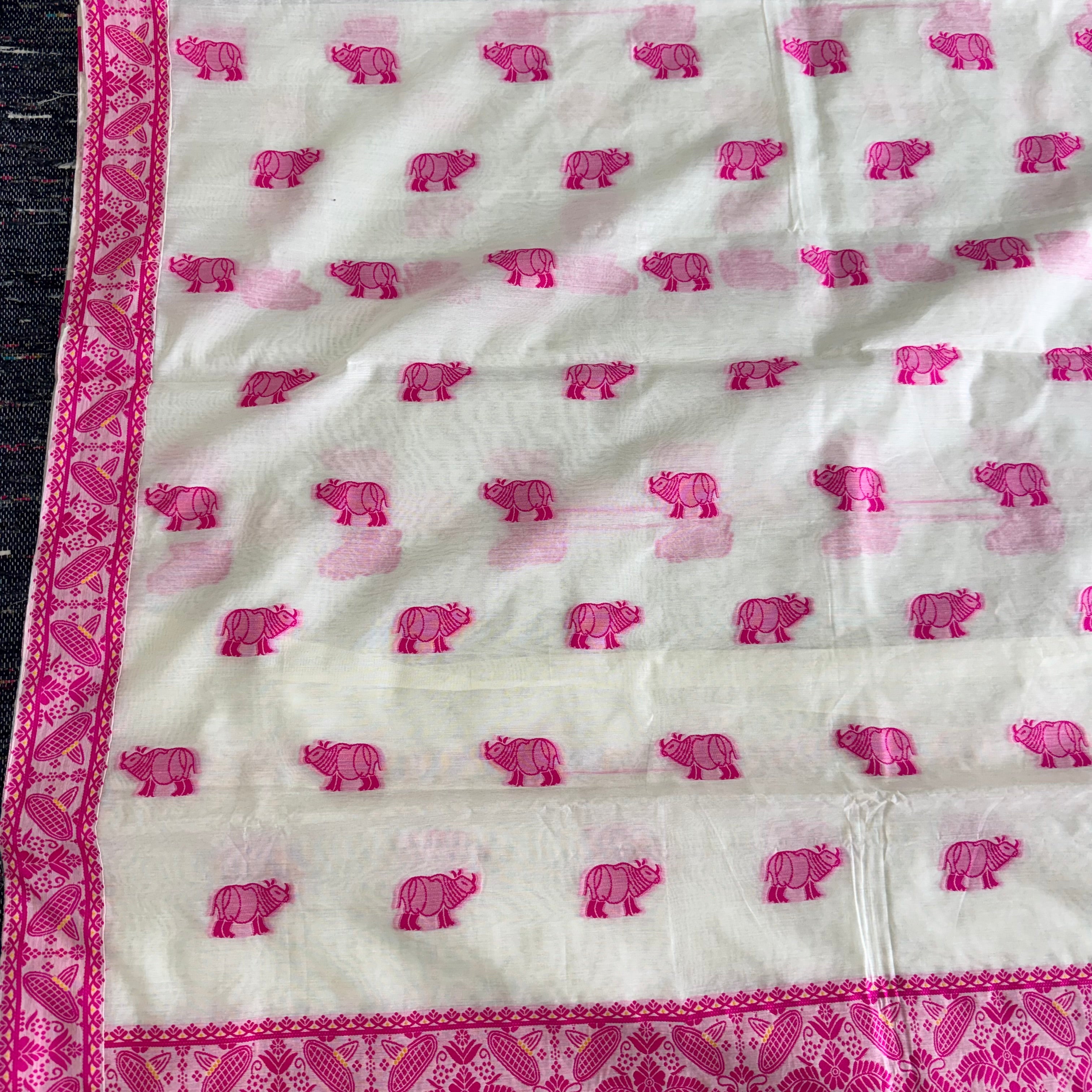 Assam Mugasilk Silk Saree in Golden Muga Color with Encient Authentic Design With Hot Pink Weave