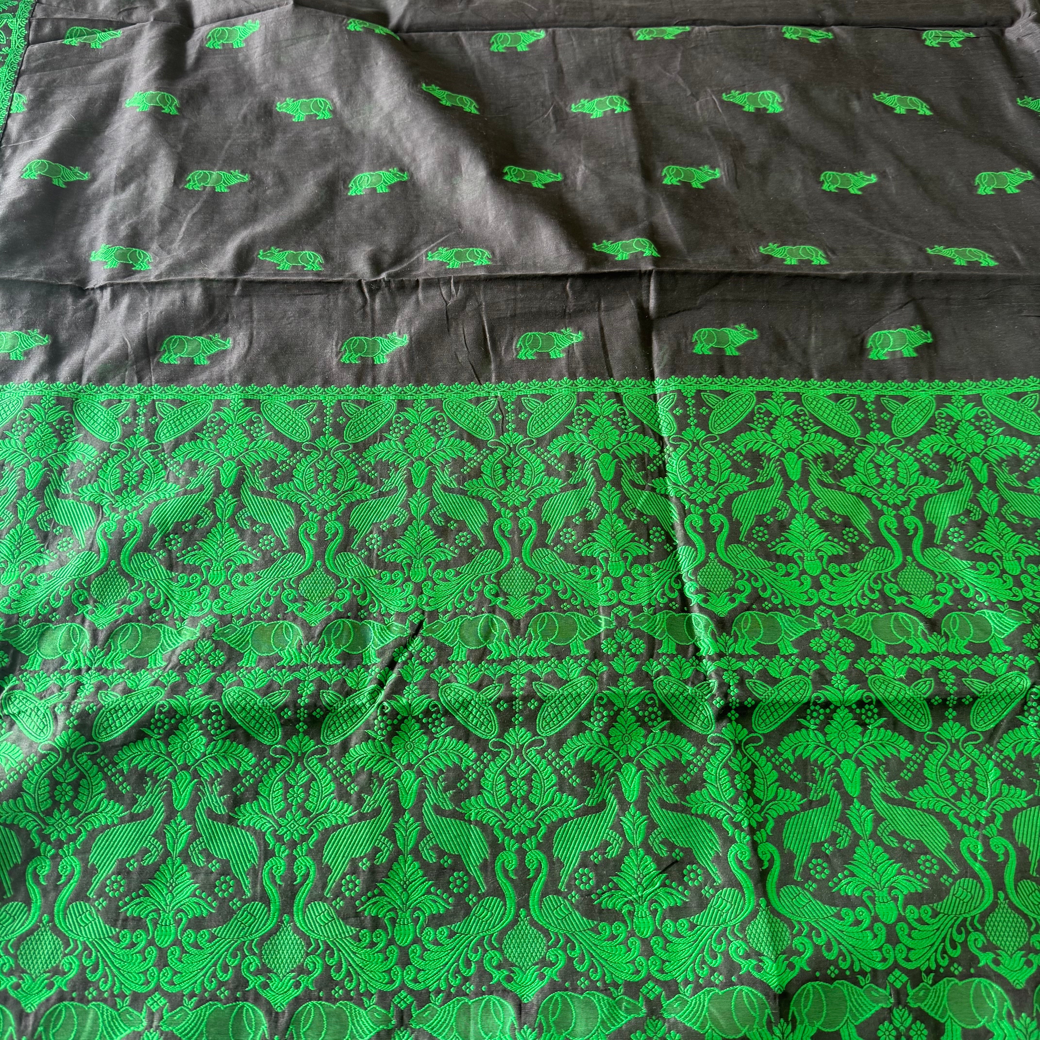 Assam Mugasilk Silk Saree in Black Color with Ancient Authentic Design With Green Weave