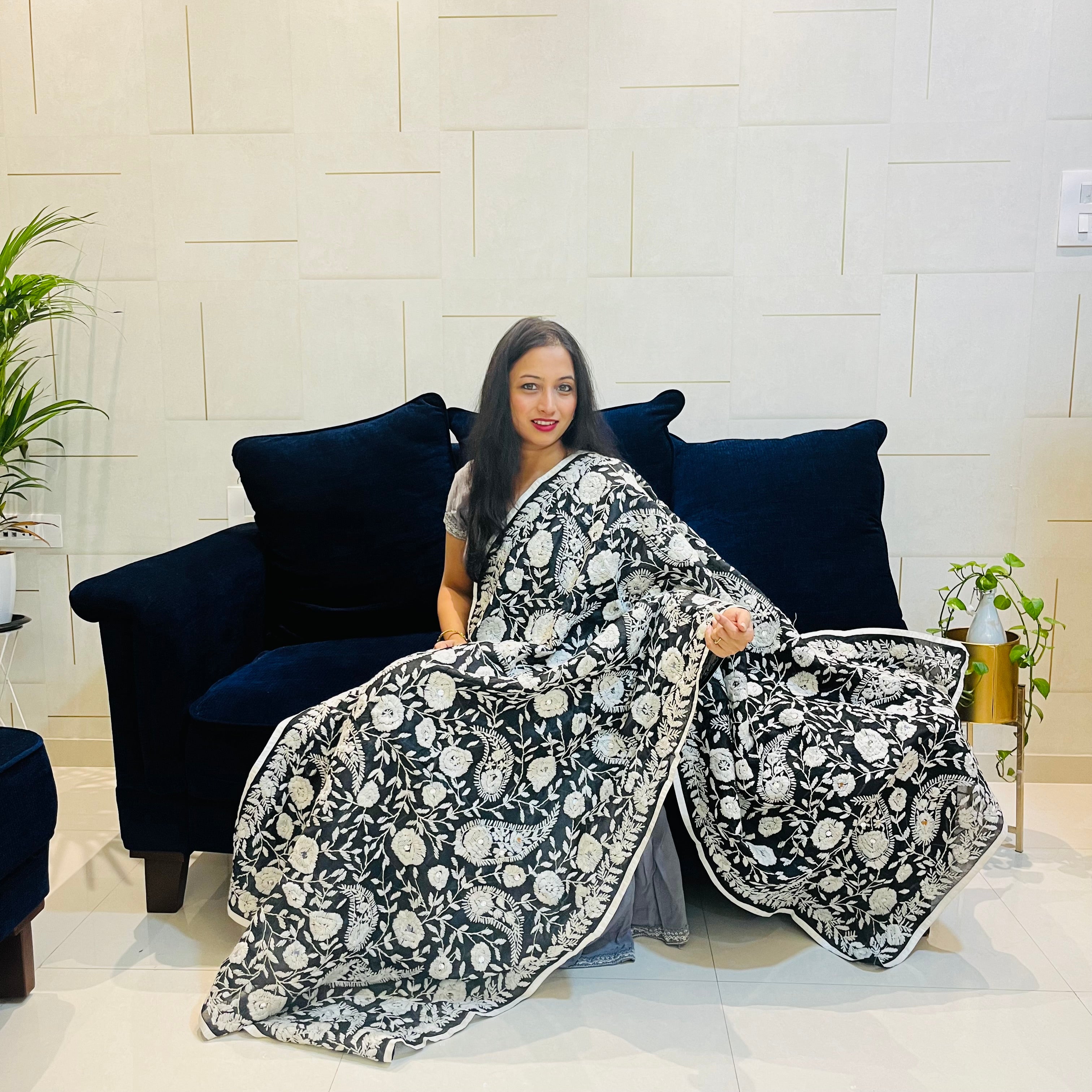 Hand-Embroidered Chanderi Dupatta- Black