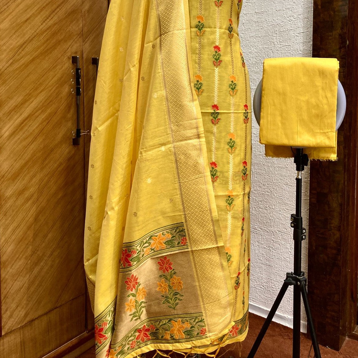 Banarasi Cotton Silk Unstitched Salwar Suit Fabric - Yellow and Gold