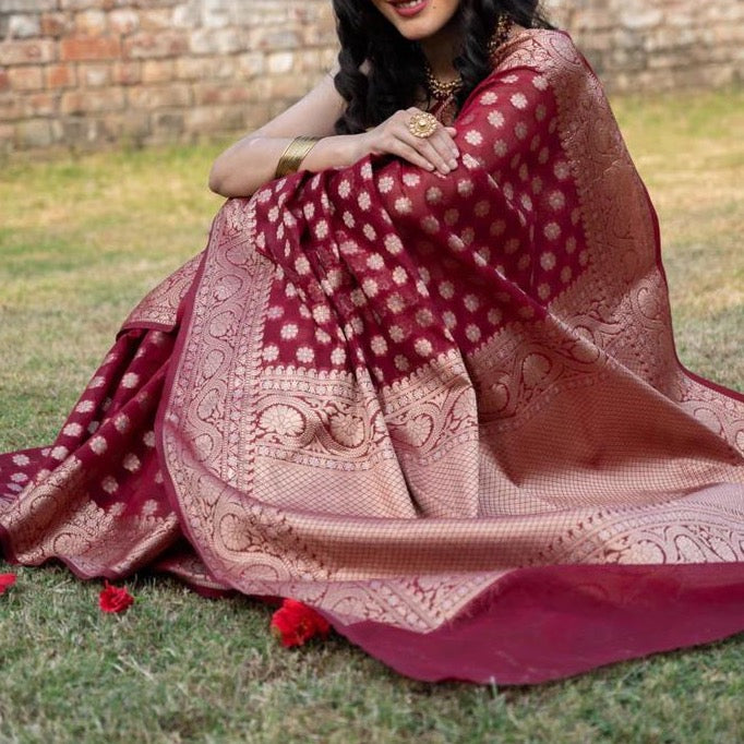 Banarasi Semi Georgette Saree with Silver Meena Woven Work - Beige, Pink, Green