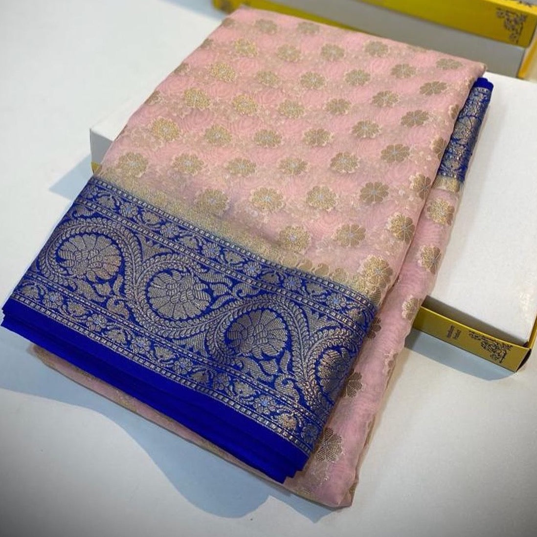 Banarasi Semi Georgette Saree with Silver Meena Woven Work - Beige, Pink, Green