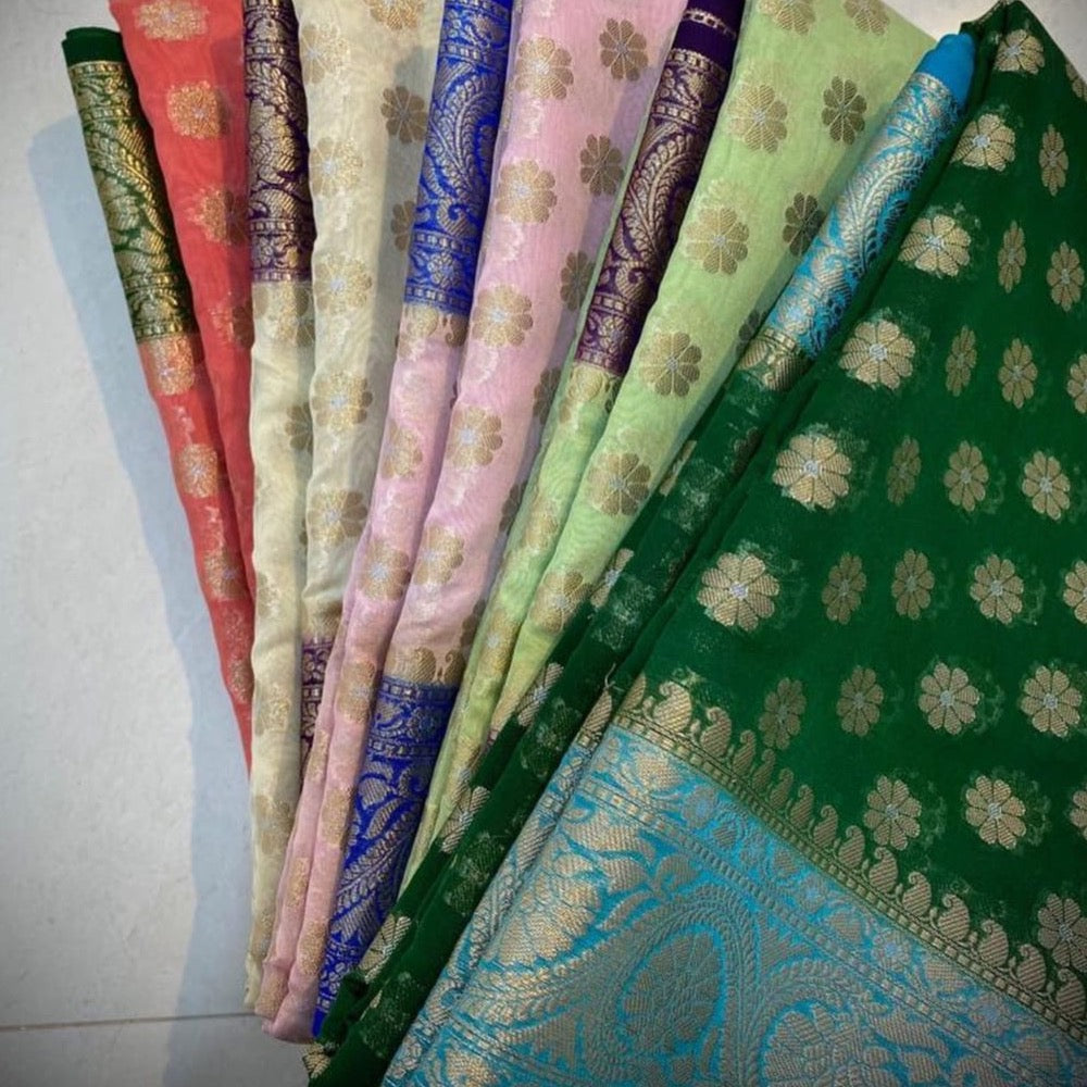 Banarasi Semi Georgette Saree with Silver Meena Woven Work - Beige, Pink, Green