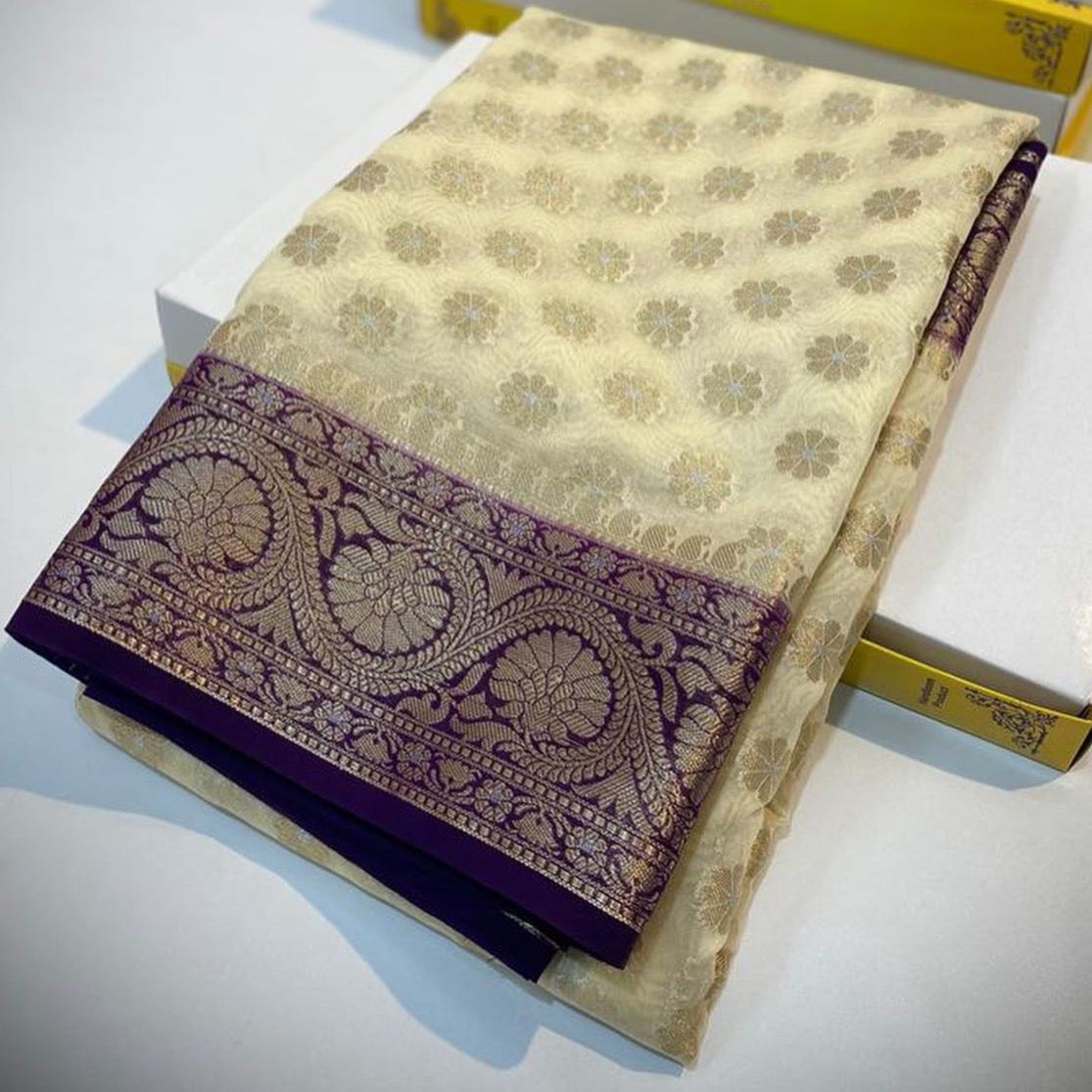 Banarasi Semi Georgette Saree with Silver Meena Woven Work - Beige, Pink, Green
