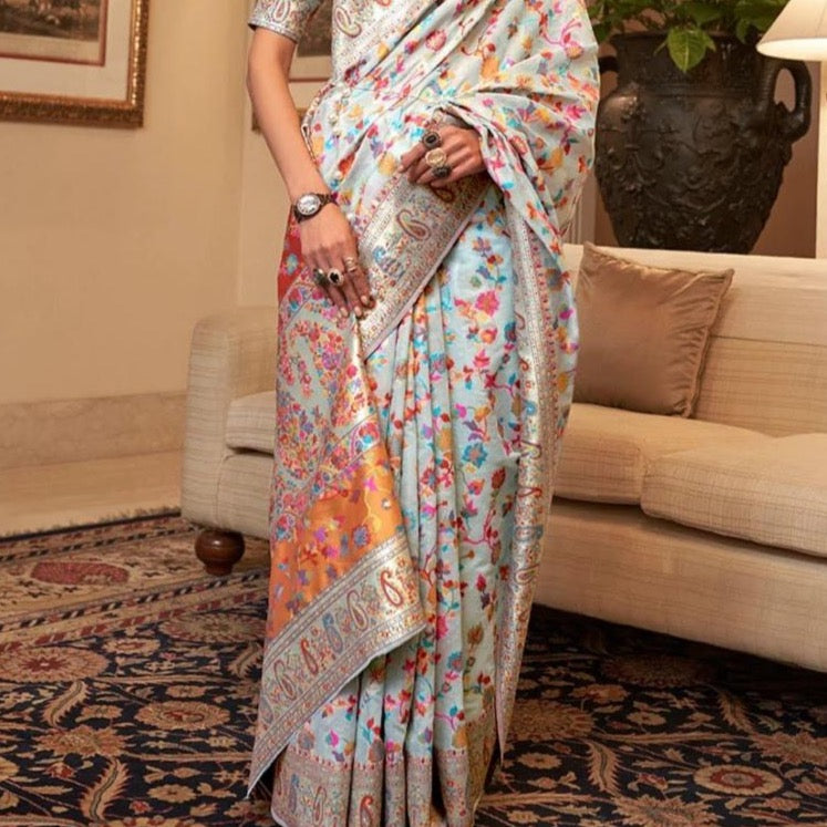 Banarasi Mercerised Silk Panchmeena Gulkari Saree- Sky Blue, Onion Pink, Black, Pista Green, White,