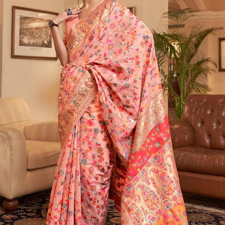 Banarasi Mercerised Silk Panchmeena Gulkari Saree- Sky Blue, Onion Pink, Black, Pista Green, White,