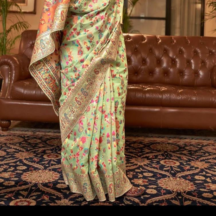Banarasi Mercerised Silk Panchmeena Gulkari Saree- Sky Blue, Onion Pink, Black, Pista Green, White,