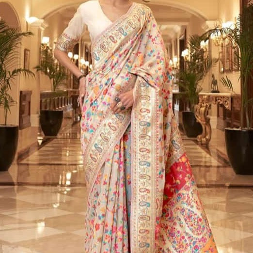 Banarasi Mercerised Silk Panchmeena Gulkari Saree- Sky Blue, Onion Pink, Black, Pista Green, White,