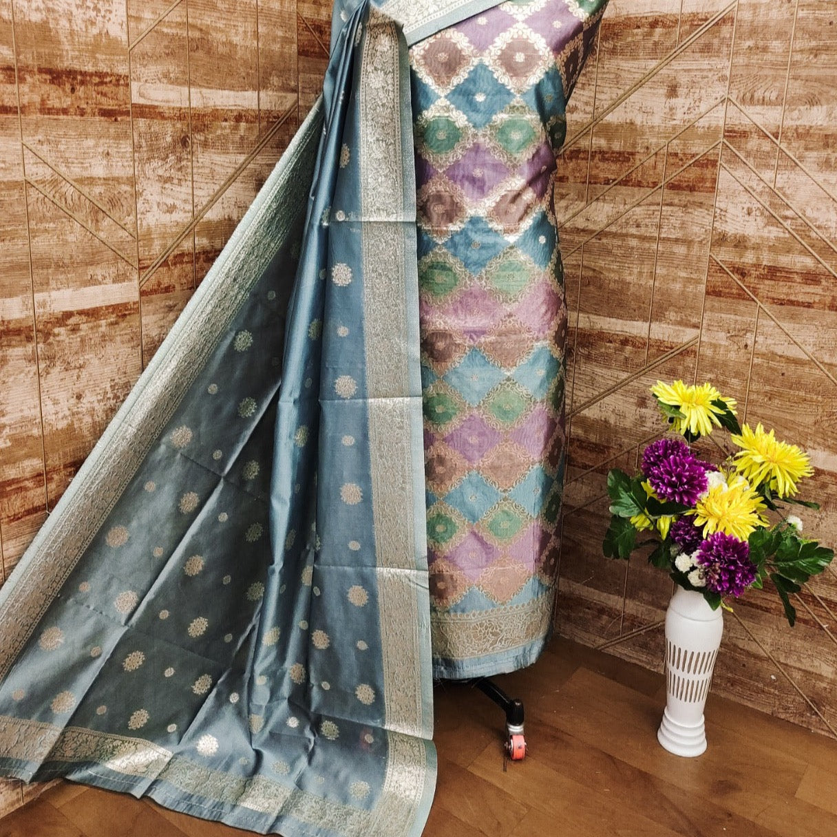 Banarasi Organza With Multi Colour Weaving Unstitched Suit Material - Pink, Yellow and ( Various Colours available)