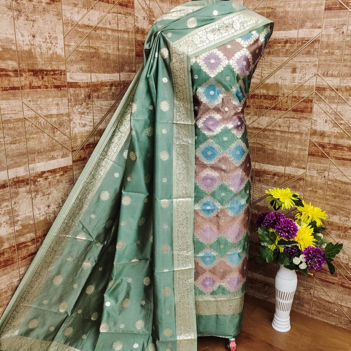 Banarasi Organza With Multi Colour Weaving Unstitched Suit Material - Pink, Yellow and ( Various Colours available)