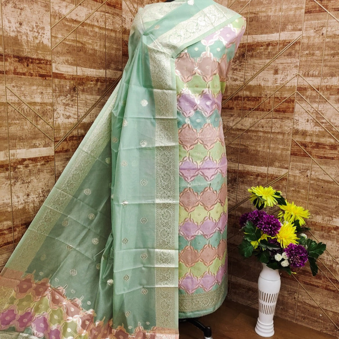 Banarasi Organza With Multi Colour Weaving Unstitched Suit Material - Pink, Yellow and ( Various Colours available)