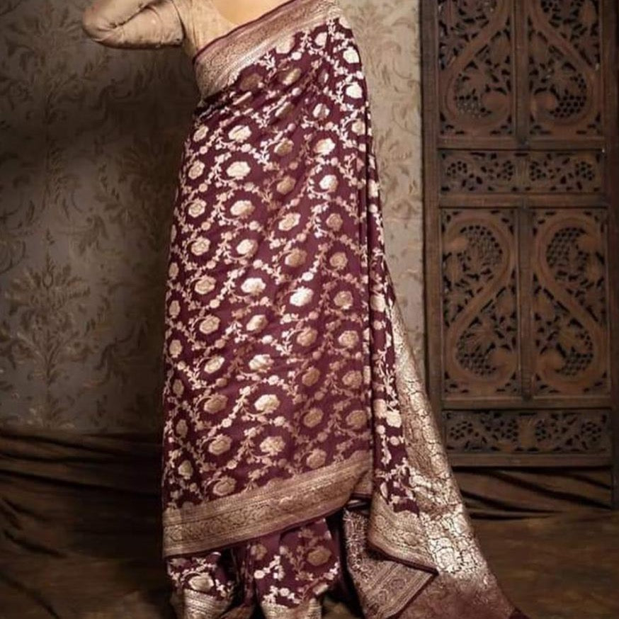 Banarasi Semi Georgette Silk Saree - Beige, Maroon, Sea Blue -Green, Onion Light Pink, Orange and Light Purple.