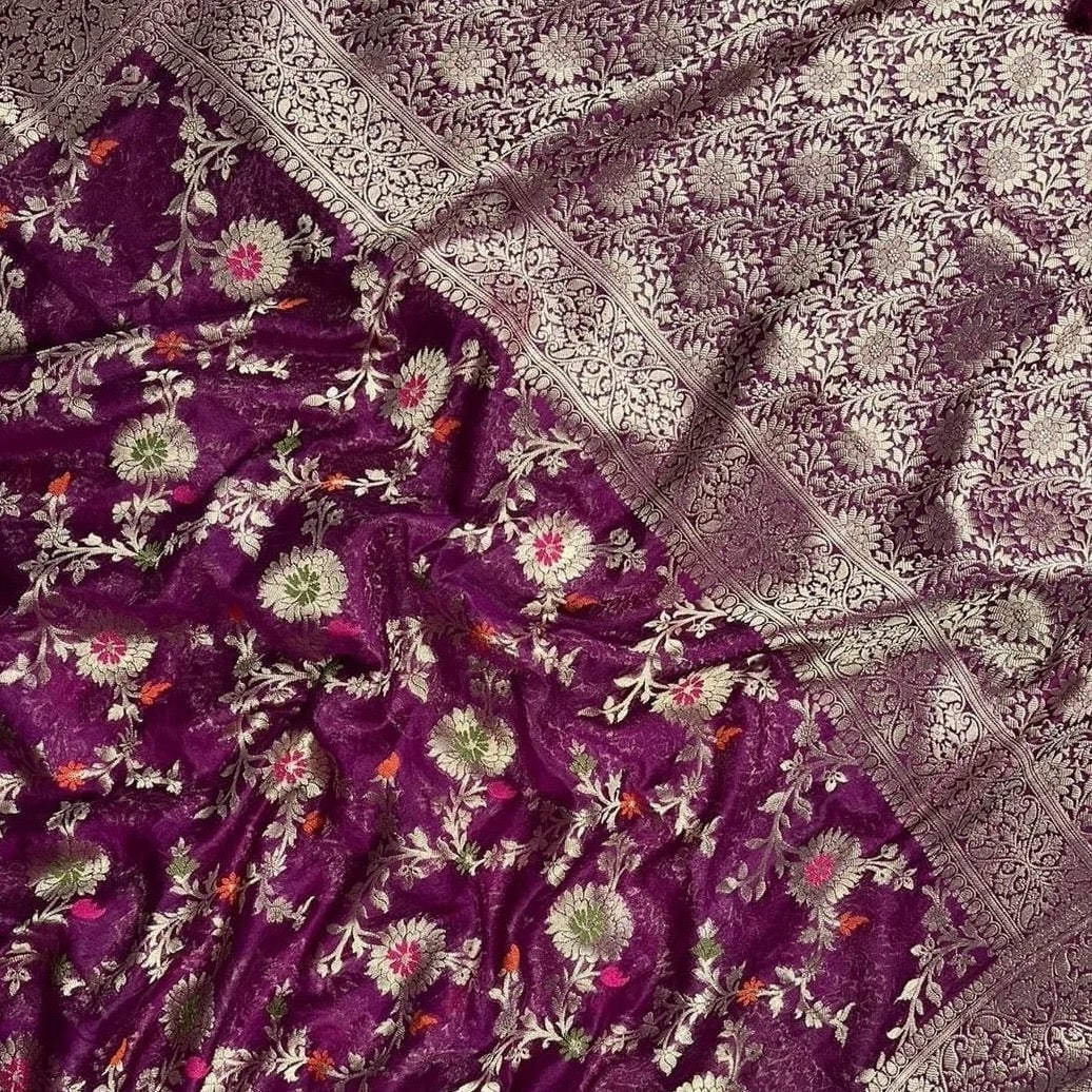 Banarasi Semi Georgette Alfi Saree - Yellow, Black, Purple, Red, Maroon, Light blue, Pista Green, Pink