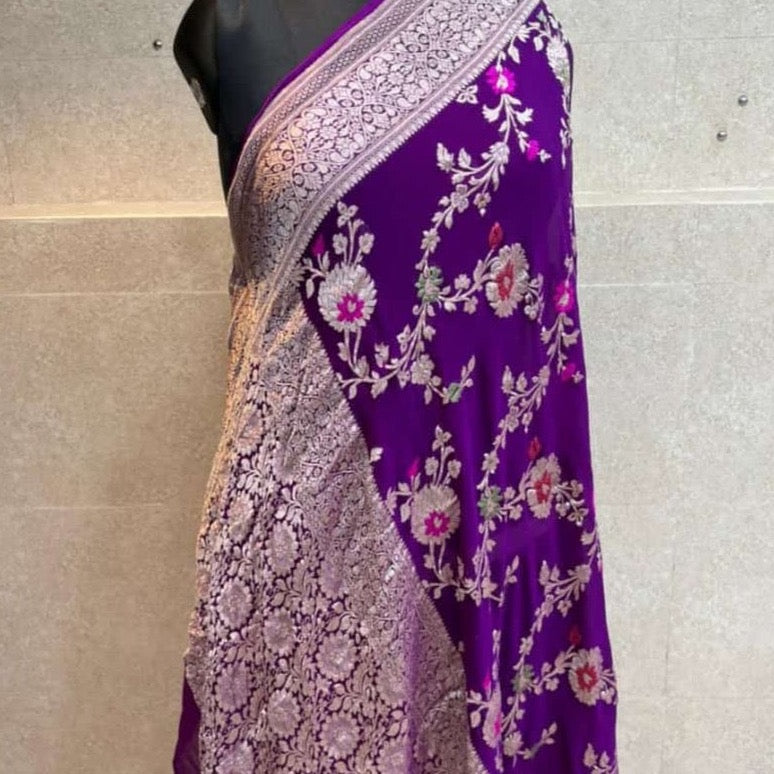 Banarasi Semi Georgette Alfi Saree - Yellow, Black, Purple, Red, Maroon, Light blue, Pista Green, Pink