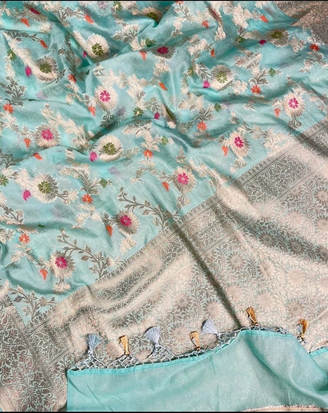 Banarasi Semi Georgette Alfi Saree - Yellow, Black, Purple, Red, Maroon, Light blue, Pista Green, Pink