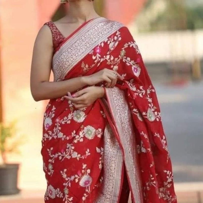Banarasi Semi Georgette Alfi Saree - Yellow, Black, Purple, Red, Maroon, Light blue, Pista Green, Pink