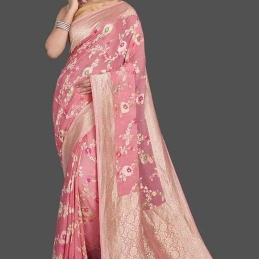 Banarasi Semi Georgette Alfi Saree - Yellow, Black, Purple, Red, Maroon, Light blue, Pista Green, Pink