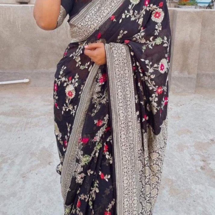Banarasi Semi Georgette Alfi Saree - Yellow, Black, Purple, Red, Maroon, Light blue, Pista Green, Pink