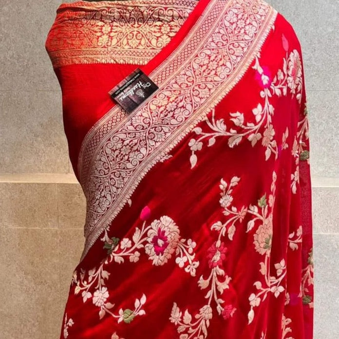 Banarasi Semi Georgette Alfi Saree - Yellow, Black, Purple, Red, Maroon, Light blue, Pista Green, Pink