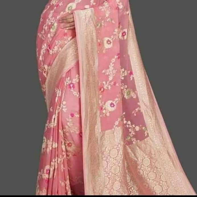 Banarasi Semi Georgette Alfi Saree - Yellow, Black, Purple, Red, Maroon, Light blue, Pista Green, Pink