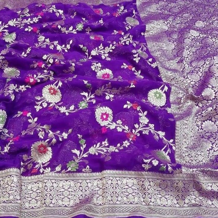 Banarasi Semi Georgette Alfi Saree - Yellow, Black, Purple, Red, Maroon, Light blue, Pista Green, Pink