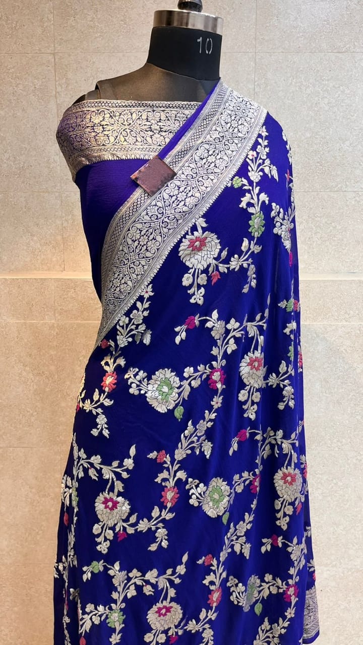 Banarasi Semi Georgette Alfi Saree - Yellow, Black, Purple, Red, Maroon, Light blue, Pista Green, Pink