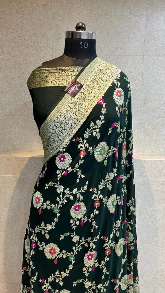 Banarasi Semi Georgette Alfi Saree - Yellow, Black, Purple, Red, Maroon, Light blue, Pista Green, Pink