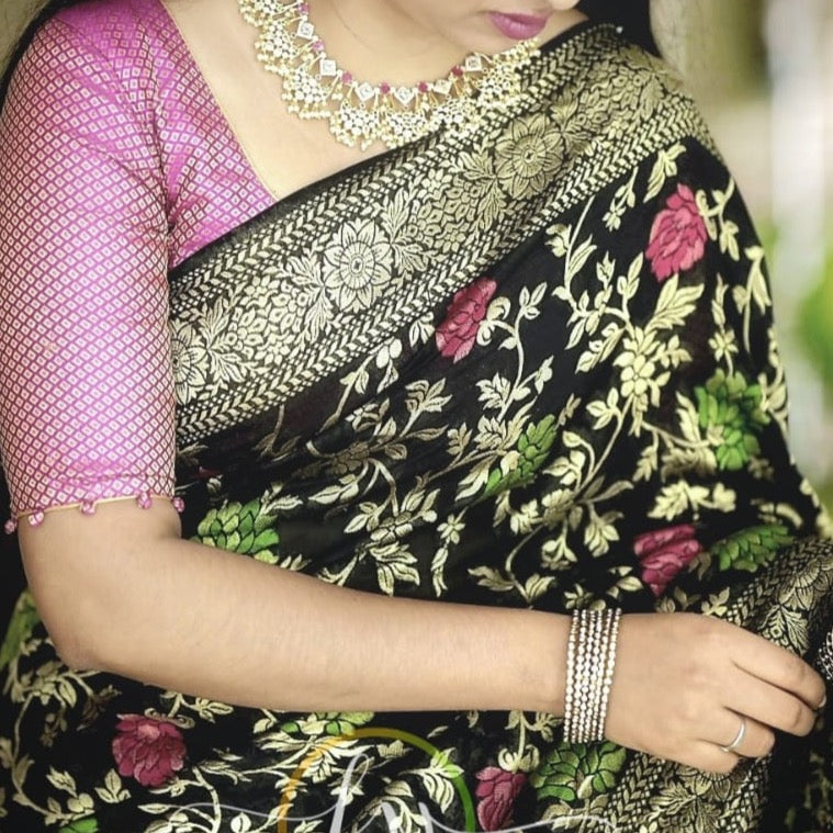 Banarasi Warm Silk Dyeable Tilfie Weave Saree - Light Blue, Black, Yellow, Pink