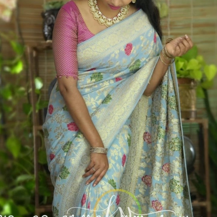 Banarasi Warm Silk Dyeable Tilfie Weave Saree - Light Blue, Black, Yellow, Pink