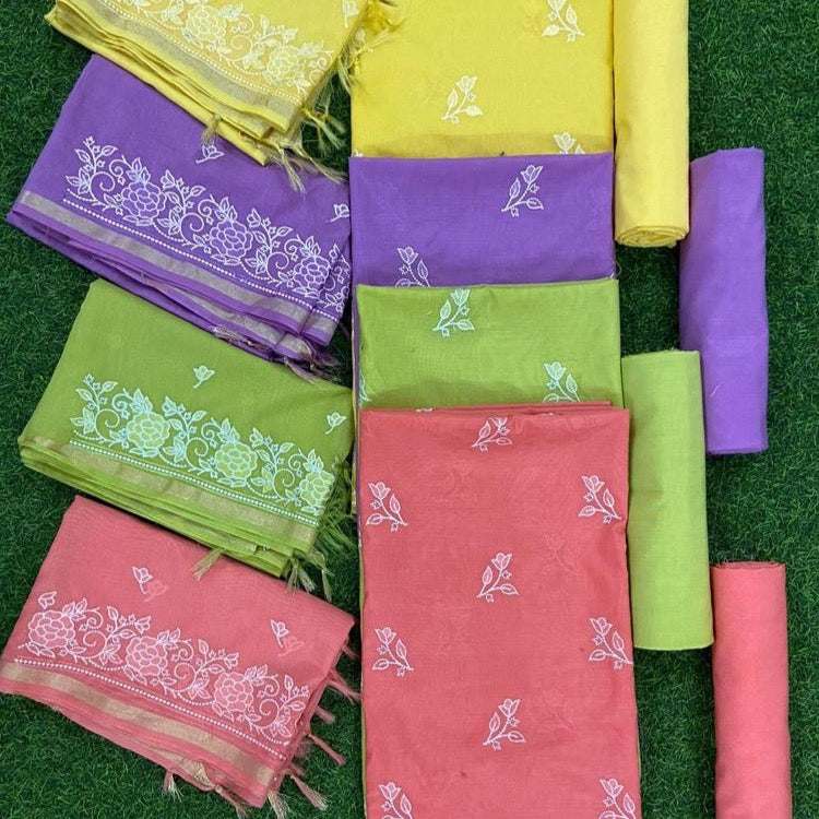 Banarasi Pure Mercerised Silk Handloom Dyeable Suits - Yellow, Light Green, Peach, Purple