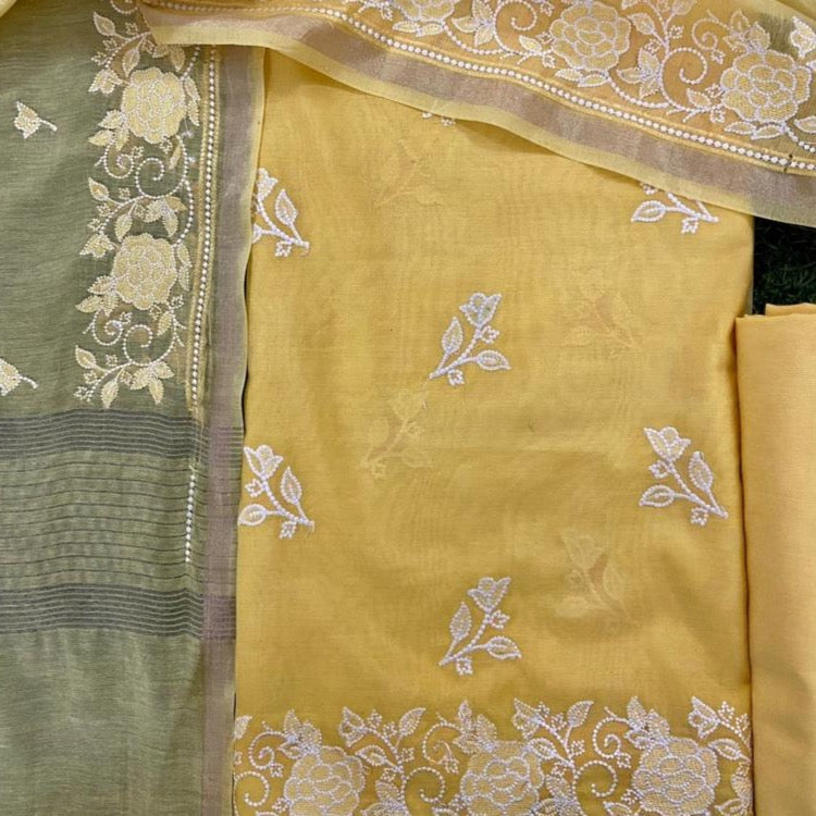 Banarasi Pure Mercerised Silk Handloom Dyeable Suits - Yellow, Light Green, Peach, Purple