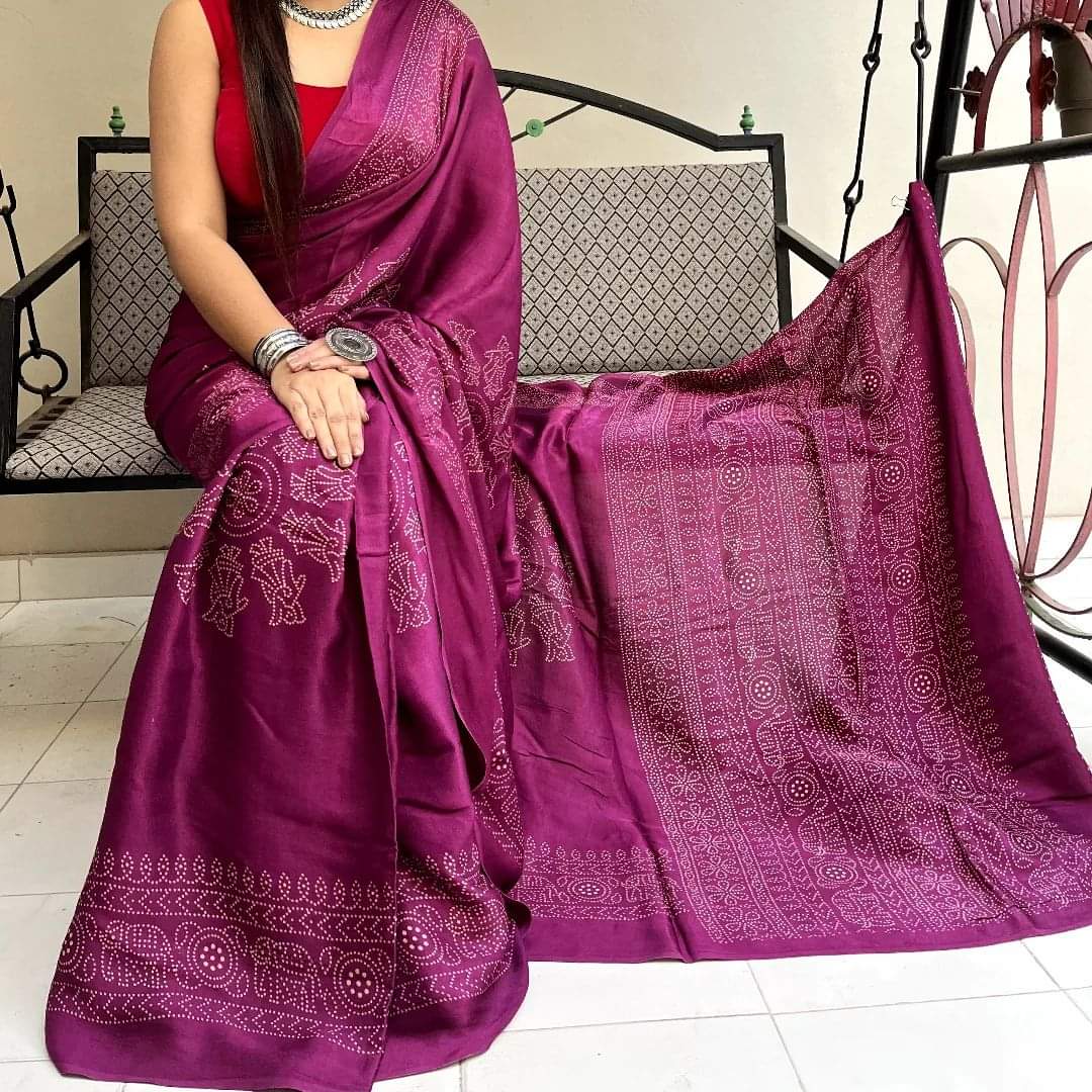 Modal Silk Ajrakh Saree With Natural Dyes -Maroon, Red, Bottle Green,Rani Pink, Blue, Navy Blue.