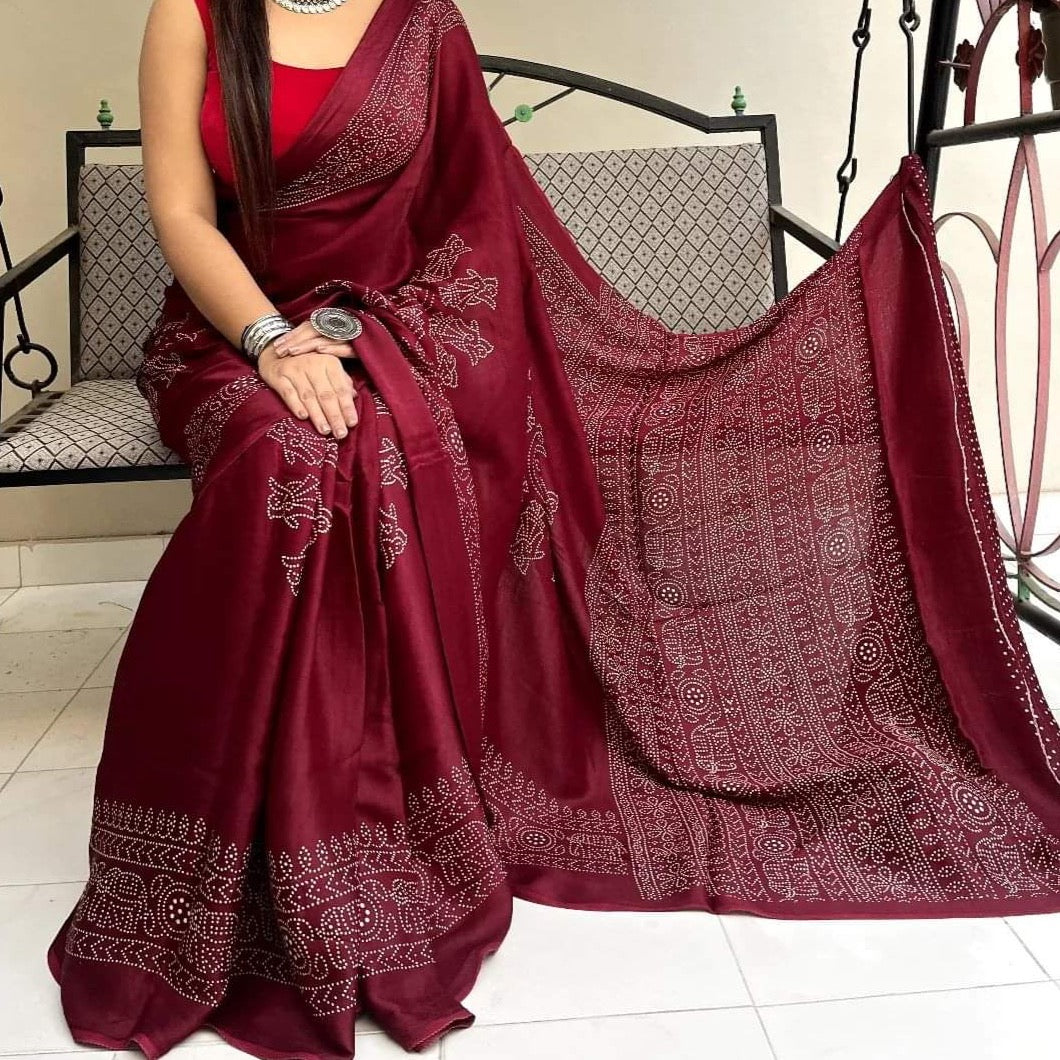 Modal Silk Ajrakh Saree With Natural Dyes -Maroon, Red, Bottle Green,Rani Pink, Blue, Navy Blue.