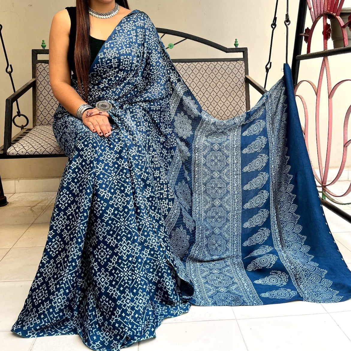 Modal Silk Mashroo Mix Ajrakh Saree With Natural Dyes - Blue, Maroon, Mustard Yellow, Magenta Pink,Bottle Green, Brown, Pink.
