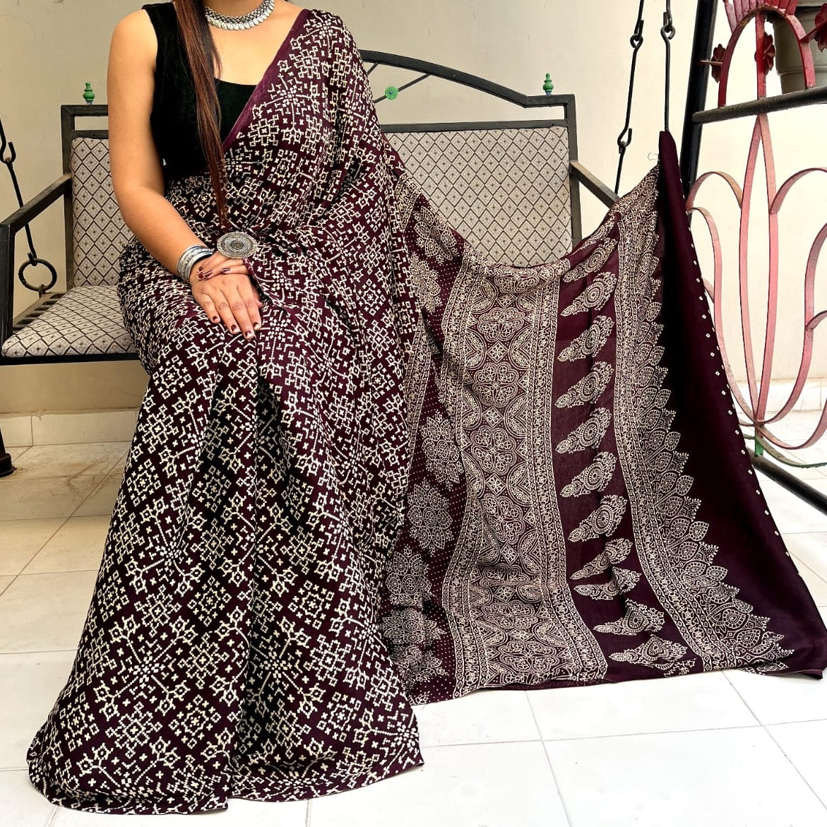 Modal Silk Ajrakh Saree With Natural Dyes - Blue, Maroon, Mustard Yellow, Magenta Pink,Bottle Green, Brown, Pink.