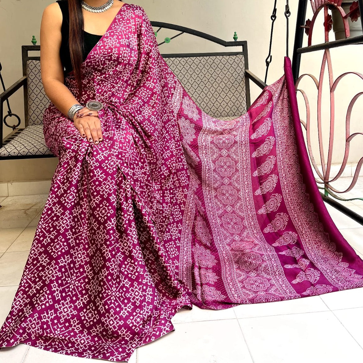 Modal Silk Mashroo Mix Ajrakh Saree With Natural Dyes - Blue, Maroon, Mustard Yellow, Magenta Pink,Bottle Green, Brown, Pink.