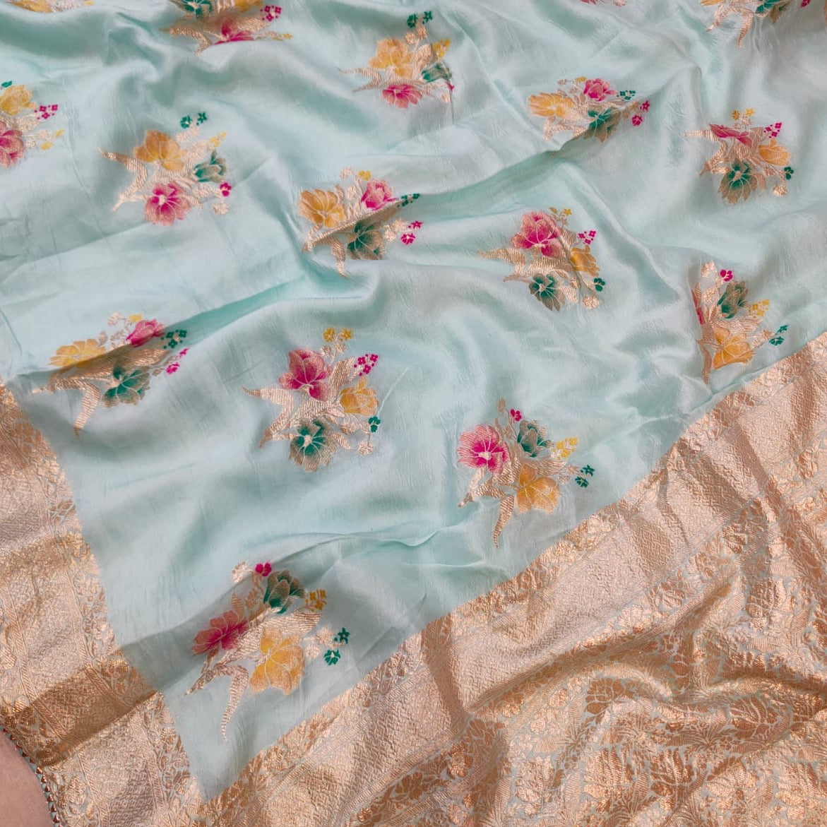 Warm Silk Banarasi Saree With Tilfi Butta -Red, Black, White, Pista Green, Pink, Peach, Blue.