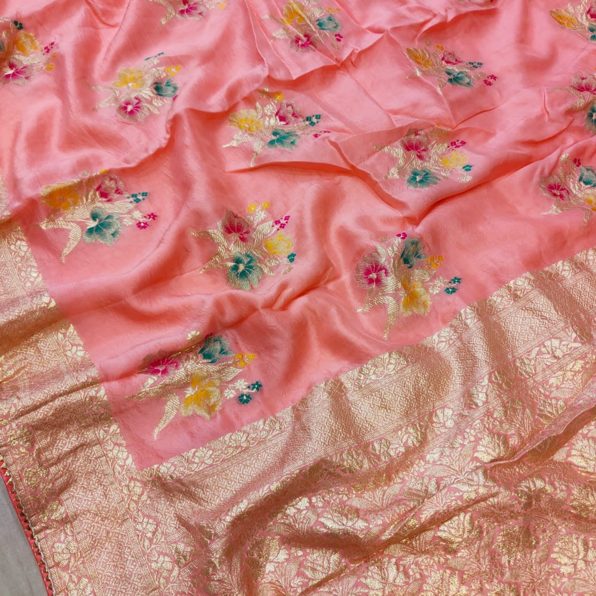 Warm Silk Banarasi Saree With Tilfi Butta -Red, Black, White, Pista Green, Pink, Peach, Blue.