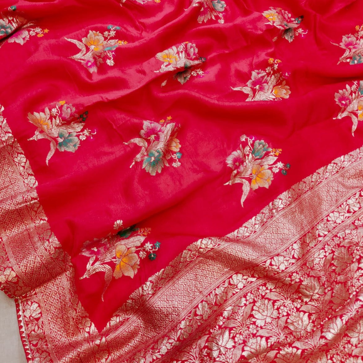 Warm Silk Banarasi Saree With Tilfi Butta -Red, Black, White, Pista Green, Pink, Peach, Blue.