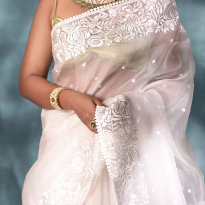 Banarasi Organza Sarees With Resham Embroidery - Green, Yellow, Blue