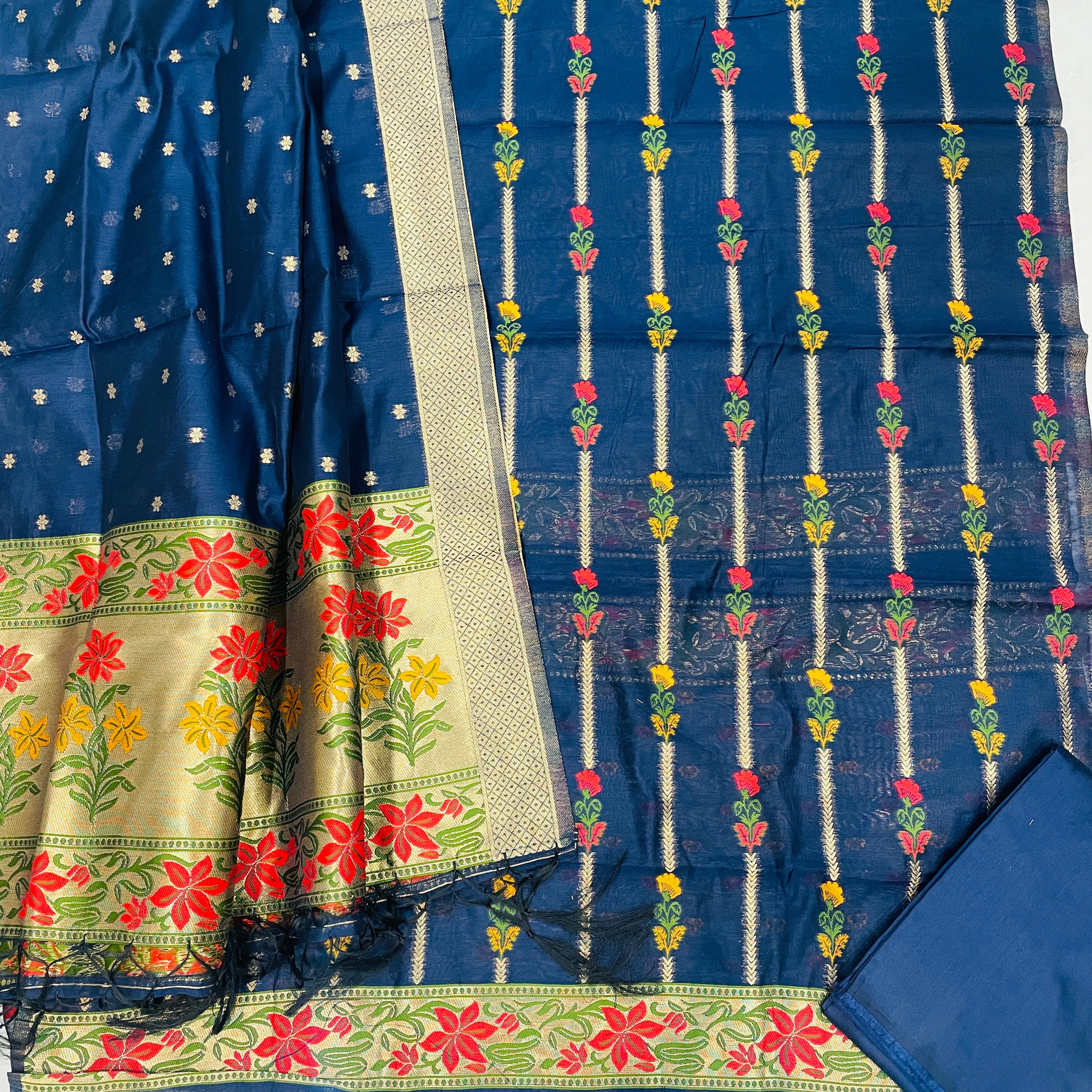 Banarasi Cotton Silk Unstitched Suit Material - Navy Blue (Various Colours available)