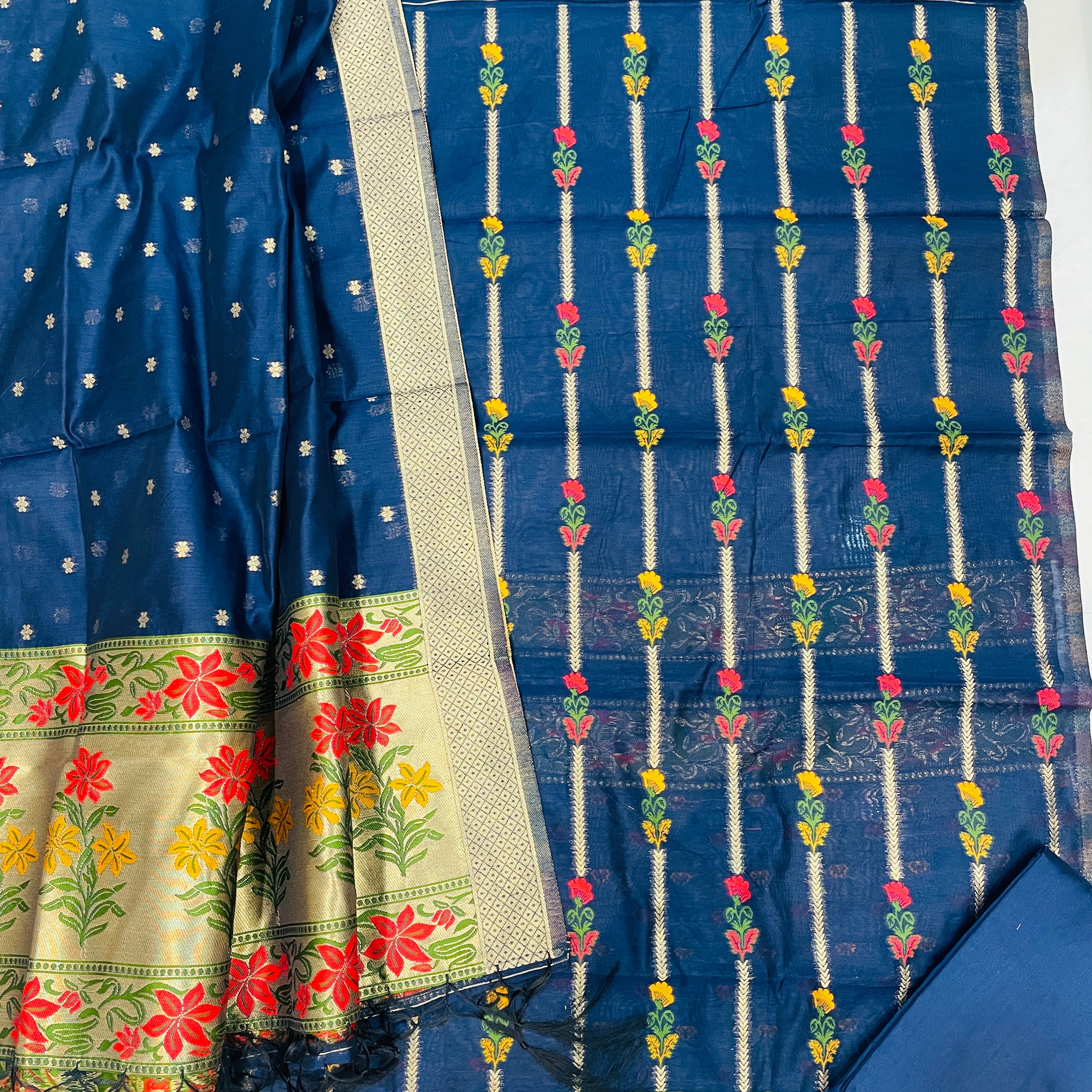 Banarasi Cotton Silk Unstitched Suit Material - Navy Blue (Various Colours available)