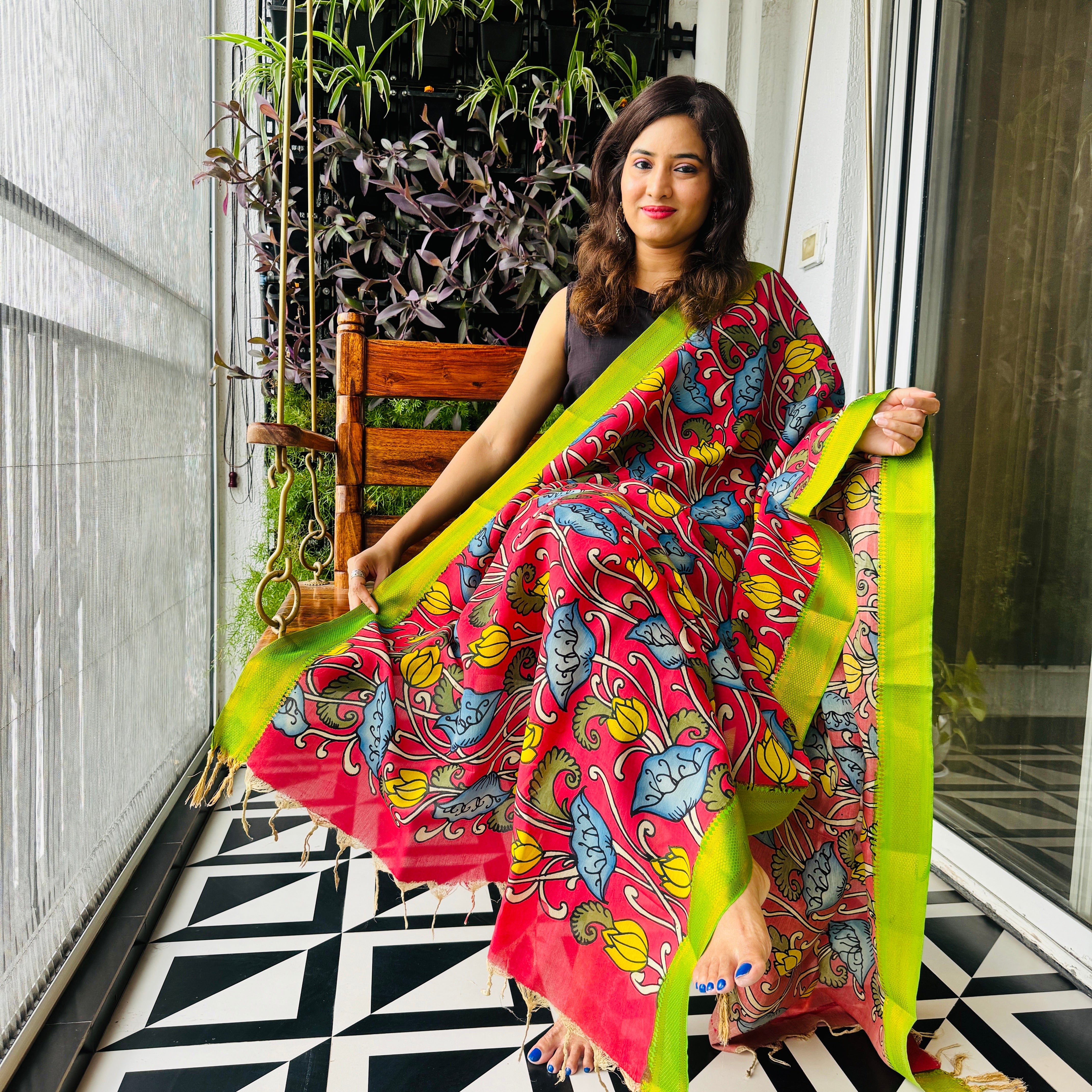 Pen Kalamkari Hand Painted Chinoor Silk Dupatta - Red with Green border