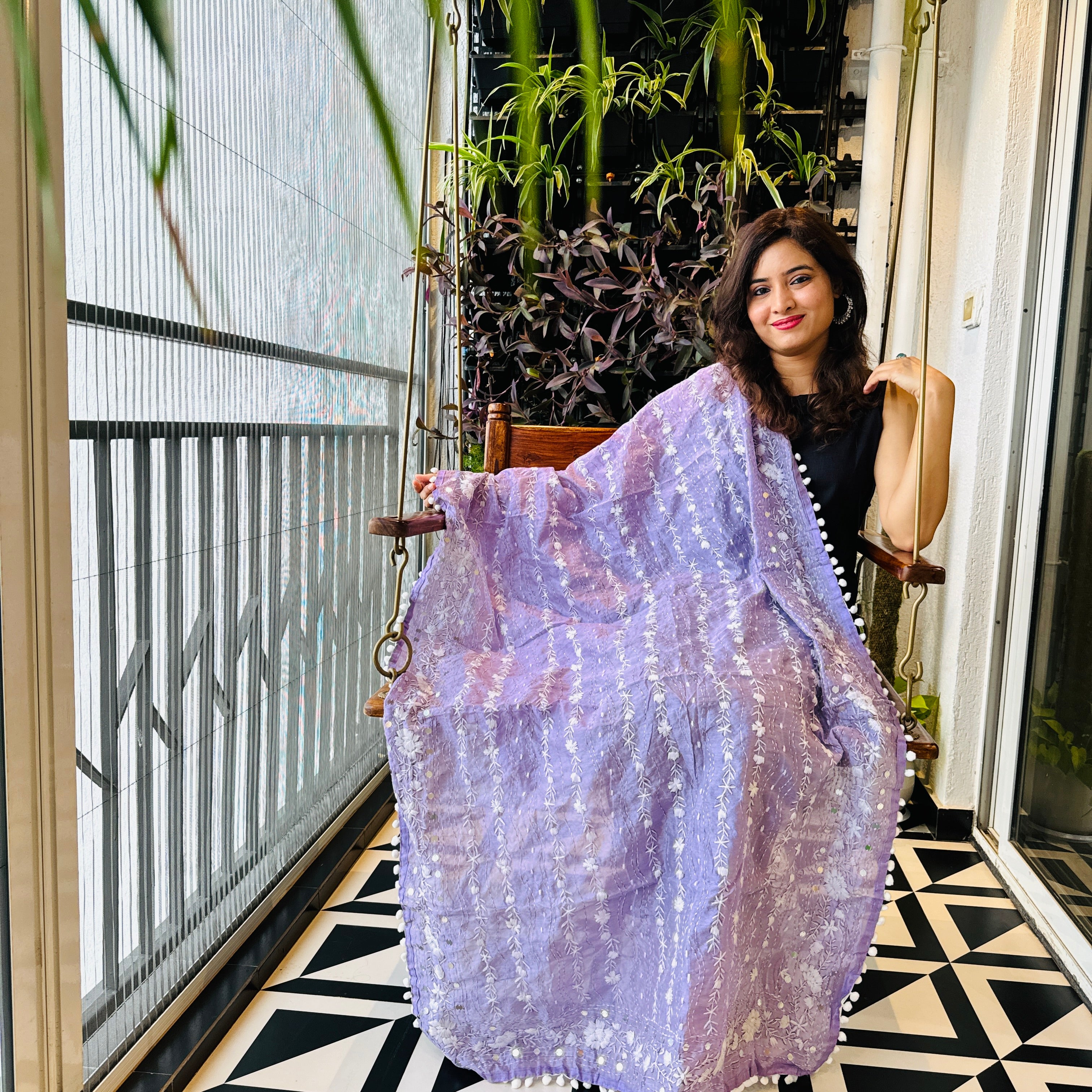 Hand-Embroidered Chanderi Dupatta with Pompom - Lavendar