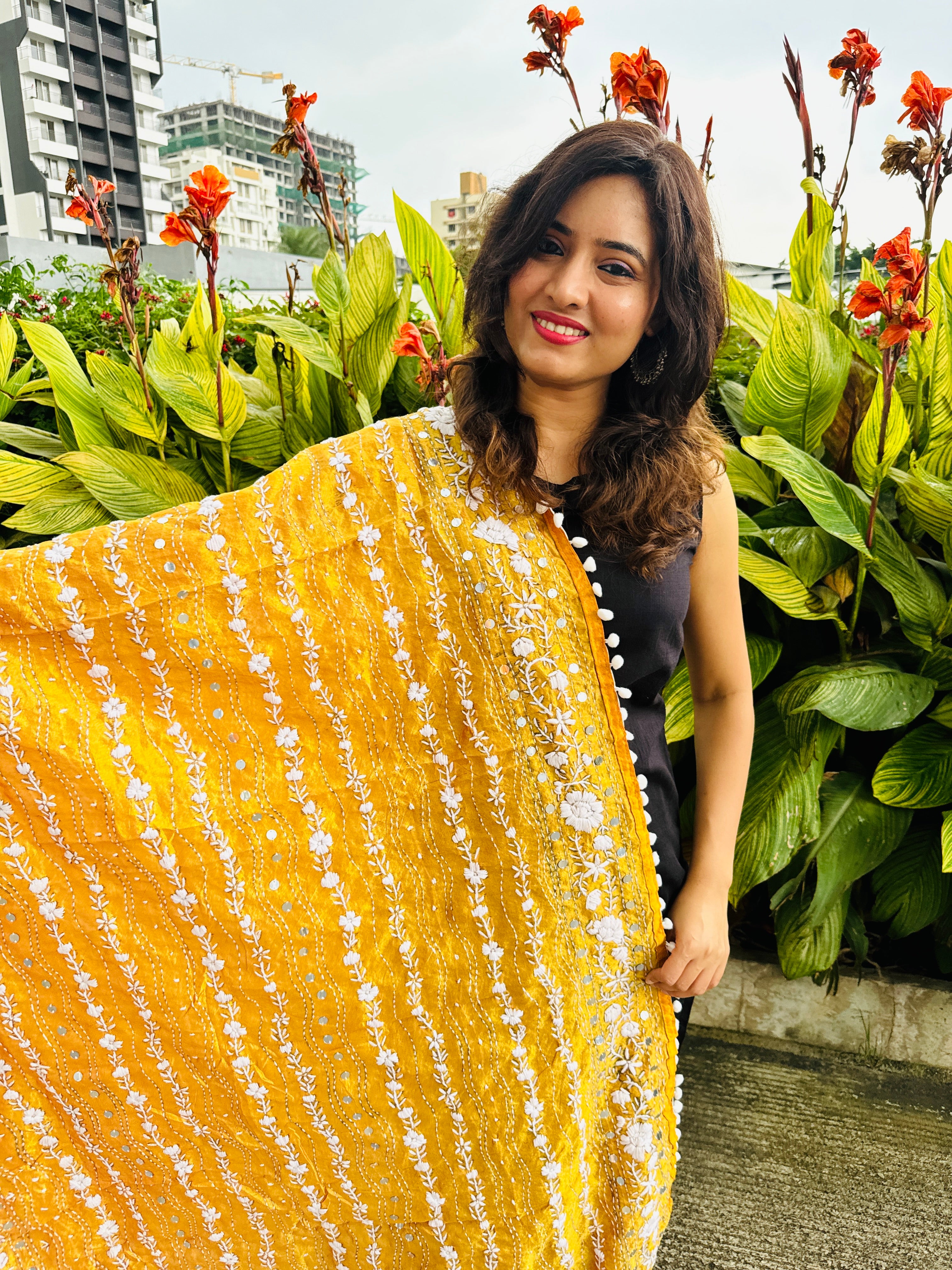 Hand-Embroidered Chanderi Dupatta with Pompom - Yellow