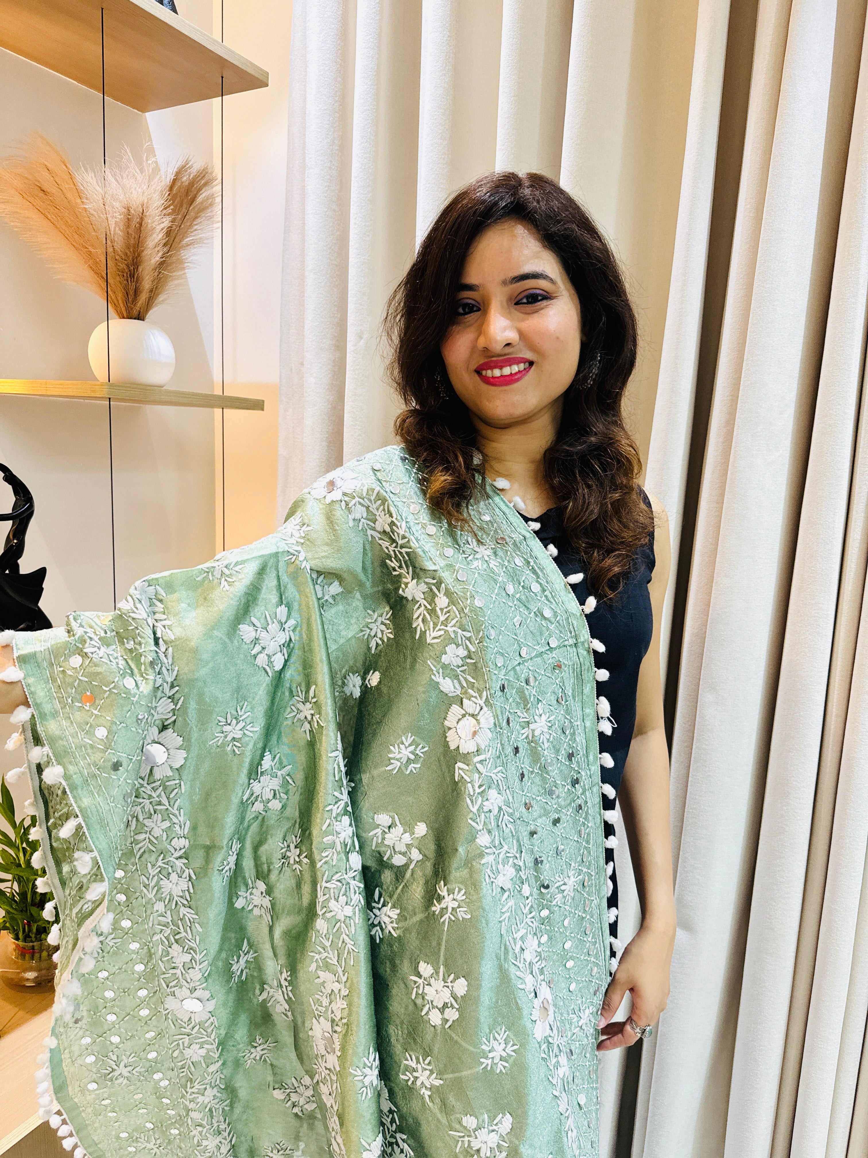 Hand-Embroidered Chanderi Dupatta with Pompom - Green
