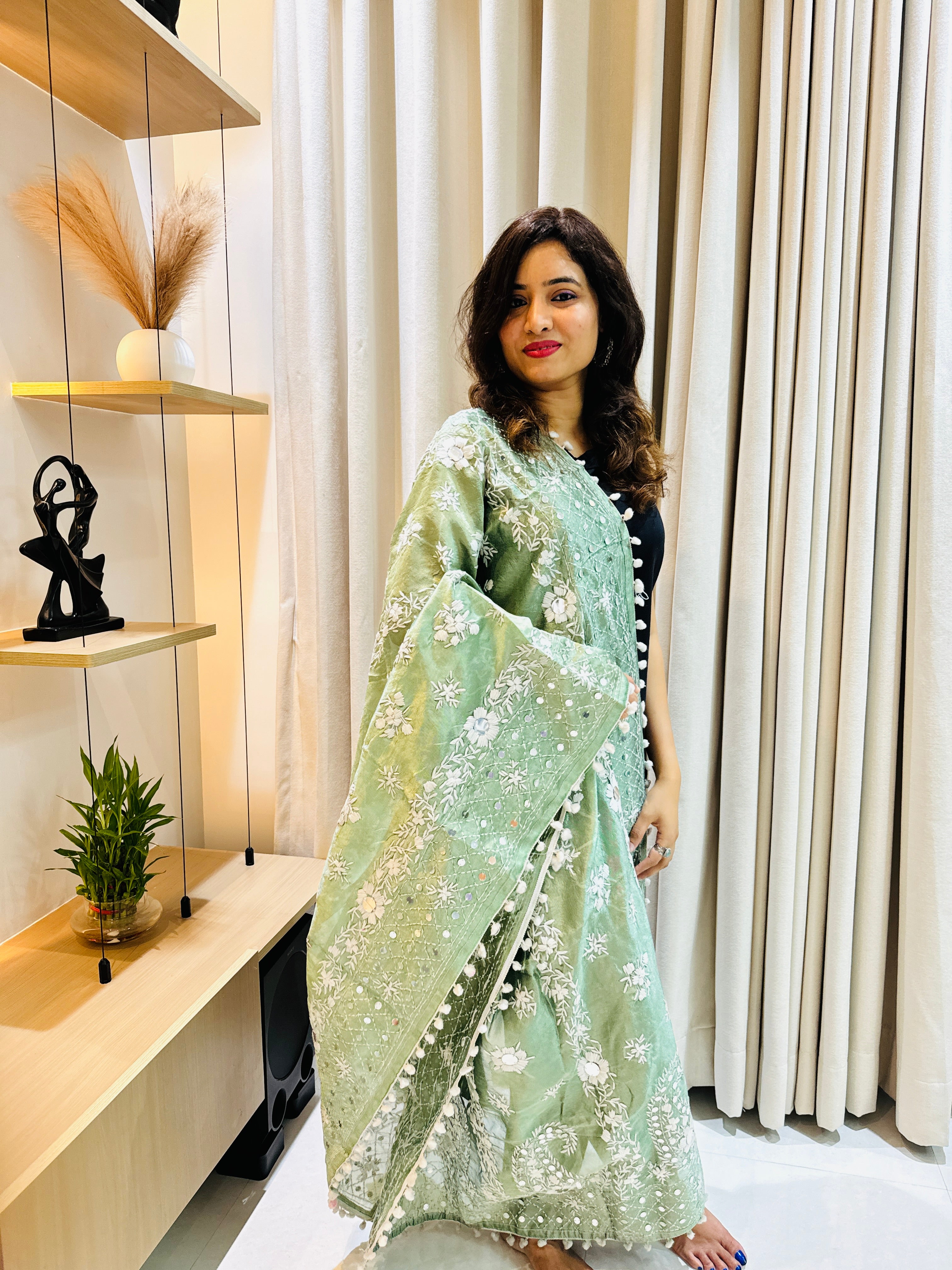 Hand-Embroidered Chanderi Dupatta with Pompom - Green